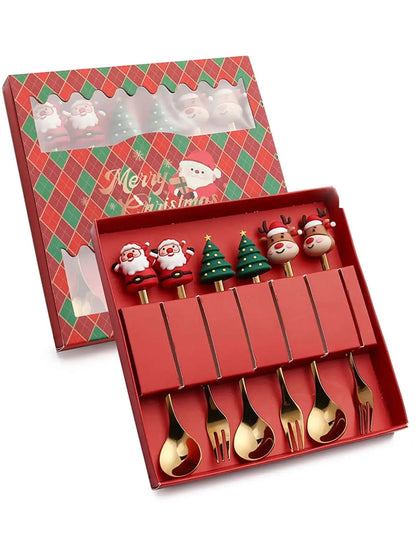 Christmas Themed Cutlery Set Stainless Steel Creative Cartoon Knife Fork Spoon 2/4/6pcs Set Holiday Gift Cutlery Decoration