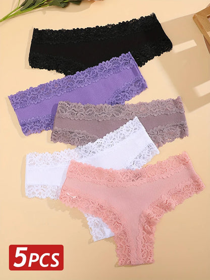 3/5PCS Lace Seamless Cotton Panties Ribbed Brazilian Pants Low Waist Women Panties Breathable Girls Underwear Plus Size Lingerie