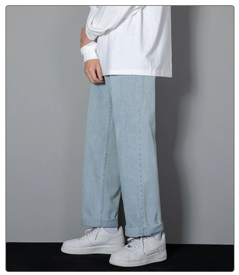 2025 New Korean Men's Casual Long Jeans Classic Man Straight Denim Wide-leg Pants Solid Color Light Blue Grey Black