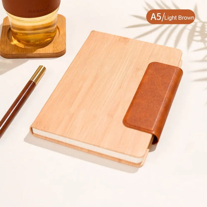 200 Pages A5 Notebook PU Leather Cover with Magnetic Buckle Business Office Notepad Wood Grain Thickened Paper Diary