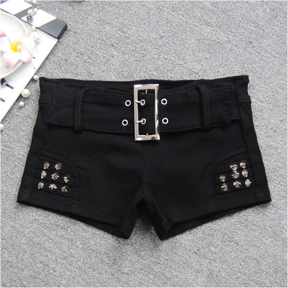 Denim Shorts Women Low-waisted Black Slim Fit Sexy Hot Girls Rivet Belt Design Unique All-match Nightclub Bodycon Summer Y2k