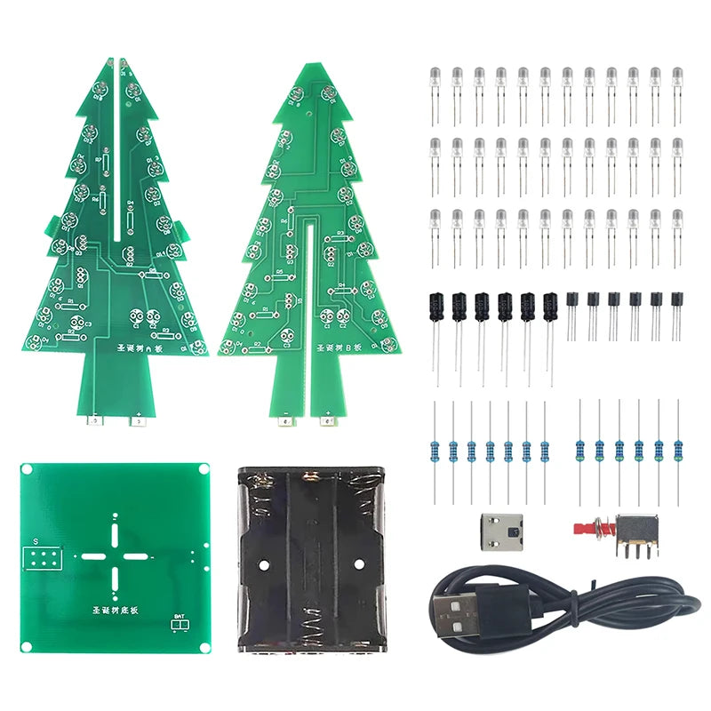 Creative 3D Christmas Tree LED DIY Kit Red/Green/Yellow LED Flash Circuit Kit Electronic Fun Suite 3 Color/7 Color PCB
