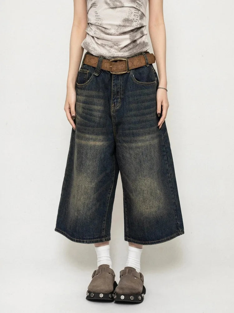 Harajuku Vintage High Waist Black Retro Washed Denim Shorts Women's Fashion Casual Loose Fit Y2K Streetwear Mid Long Short