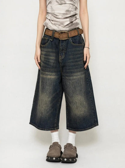 Harajuku Vintage High Waist Black Retro Washed Denim Shorts Women's Fashion Casual Loose Fit Y2K Streetwear Mid Long Short