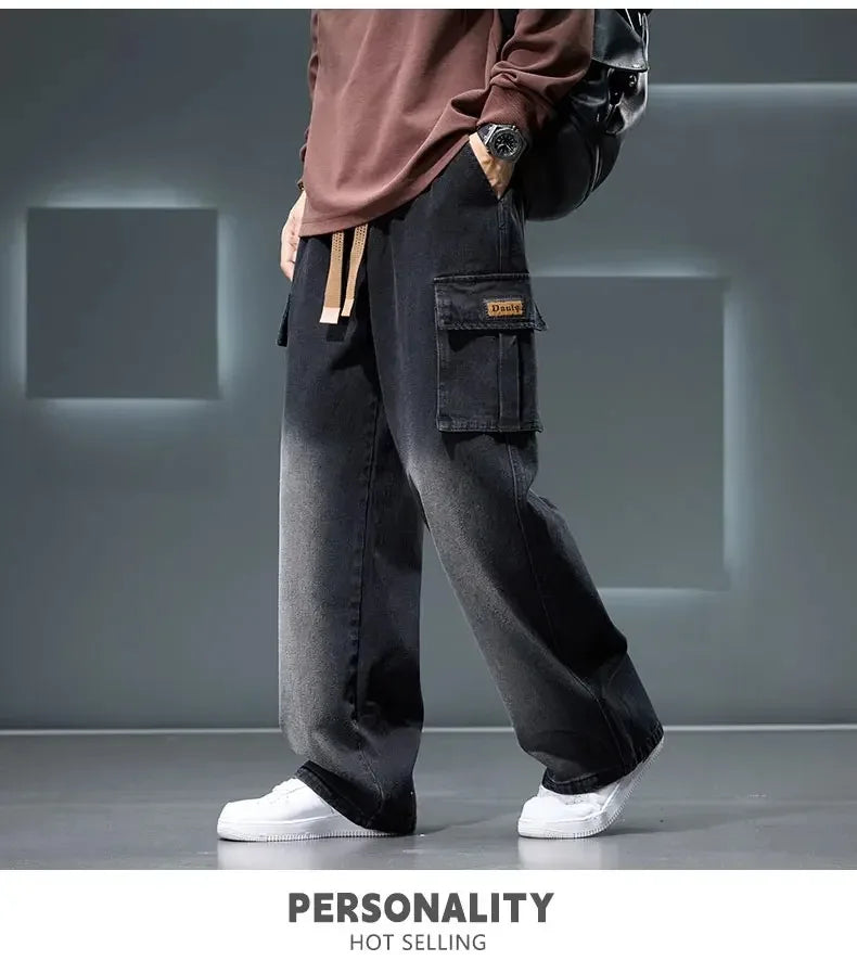 8XL Jeans New Wide Leg Washing Pants Men Trousers Neutral Solid Color Loose Casual Korean Fashion Pocket Plus Size Cargo Pant
