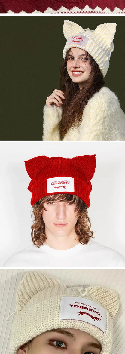 Winter Skullies Hat Unisex Cat Ear Hat Warm Crochet Knitted Hat Costume Beanie Hat Women Christmas Gift Hip-hop Cap Cold Hat