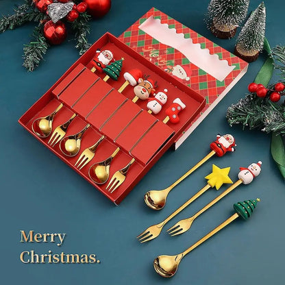 Christmas Themed Cutlery Set Stainless Steel Creative Cartoon Knife Fork Spoon 2/4/6pcs Set Holiday Gift Cutlery Decoration