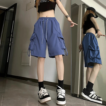 ZOKI Women High Waist Cargo Shorts American Style Streetwear Summer Wide Leg Pants Fashion Female Big Pocket Loose Shorts New