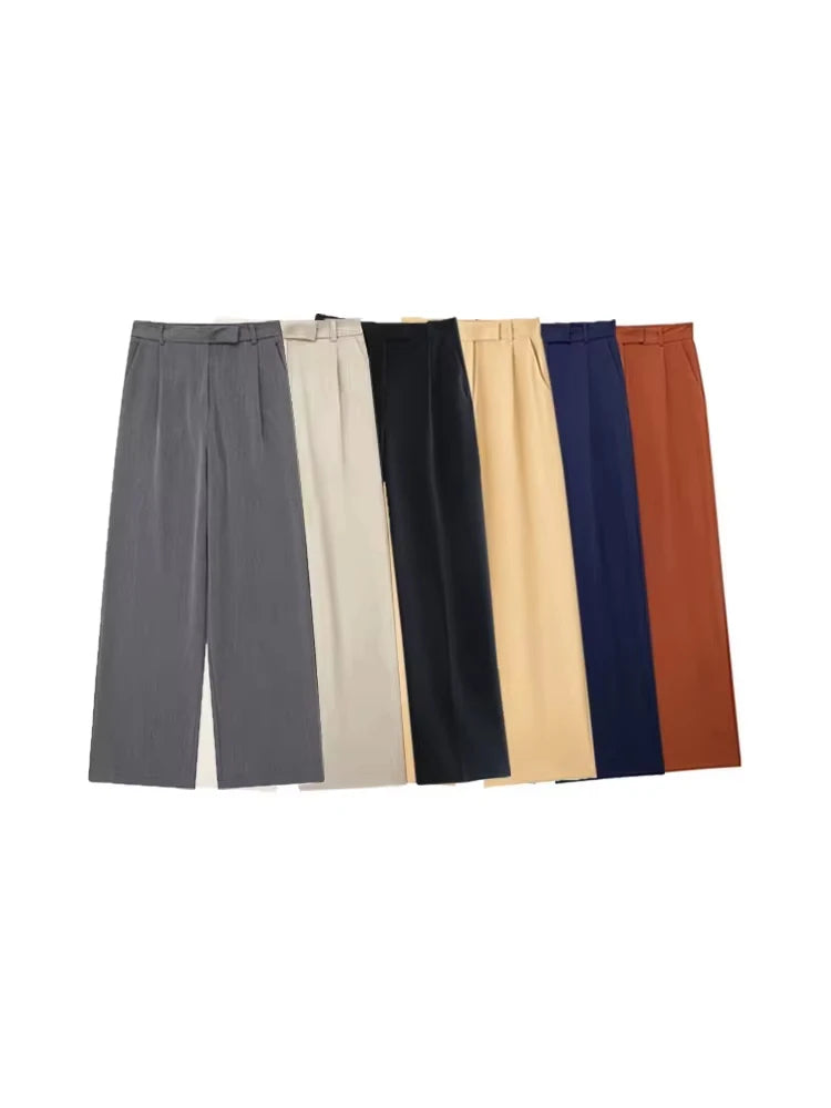 Women Fashion With Darts Front Pockets Wide Leg Pants Vintage High Waist Zipper Fly Female Trousers Mujer