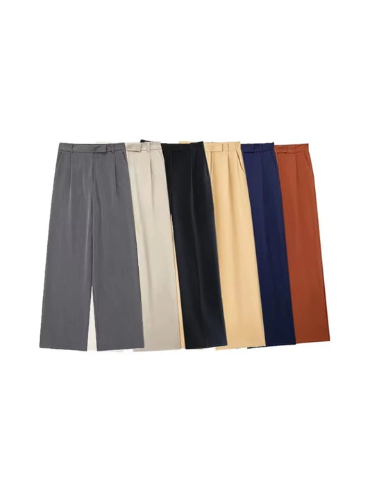 Women Fashion With Darts Front Pockets Wide Leg Pants Vintage High Waist Zipper Fly Female Trousers Mujer