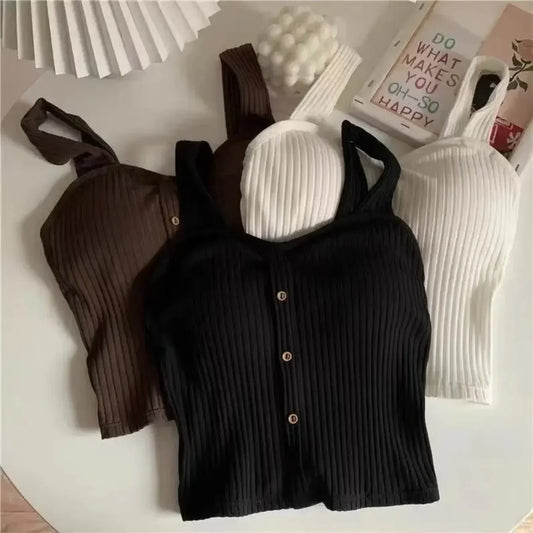 2025 Women's Y2K Cropped Tops with Bra Pads Summer Corset Korean Suspenders Vest Sexy Camisole Slim New