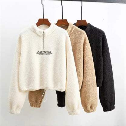 Women Letter Embroidery Stand Neck Fleece Cropped Hoodies Autumn Long Sleeve Drawstring Sweatshirt New Casual Plush Velvet Tops