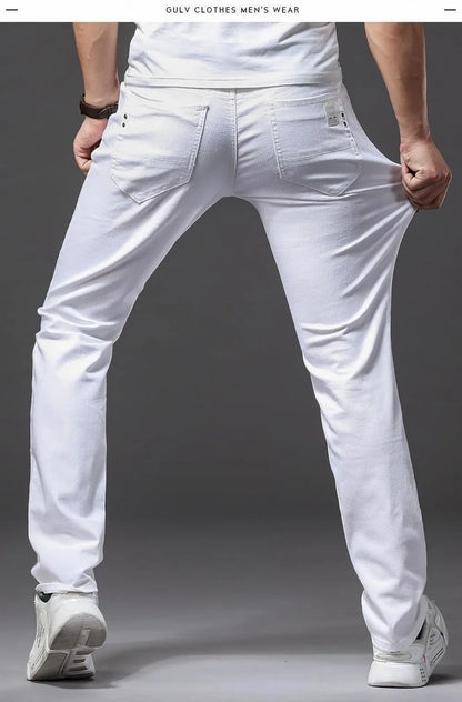Men White Jeans Elasticity Straight Slim Fit Casual Soft Business Classic Brand Trousers Fashion Advanced Stretch Denim Pants