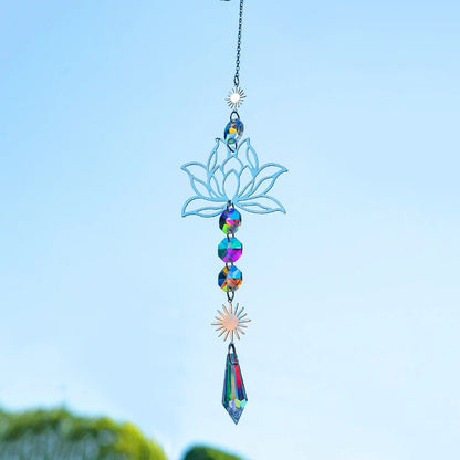 1Pc Metal Lotusand Artificial Crystal Suncatcher Charm Handmade Applicable Home Wind Chime Pendant Outdoor Garden Plant