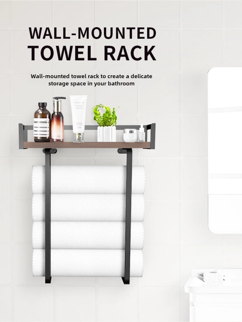 Bathroom Towel Rack Made of Iron and Wooden Wall Mounted Shampoo Shelf Shower Holder Toilet Storage Bar Hardware Accessories