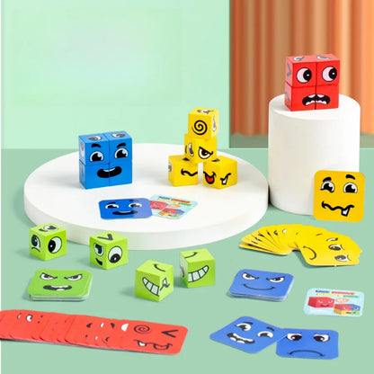 Kids Emotions Expression Game Wooden Cube Face Changing Board Cartoon Puzzle Toy Montessori Thinking Challenge Games