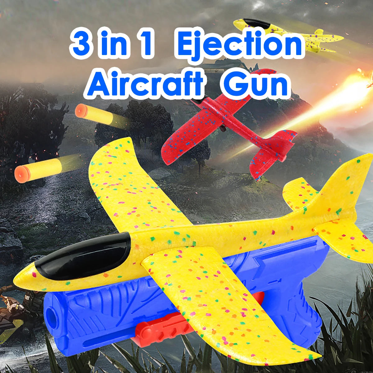 Children's outdoor three in one foam soft elastic toy gun, hand thrown ejection aircraft suit, foam aircraft color random