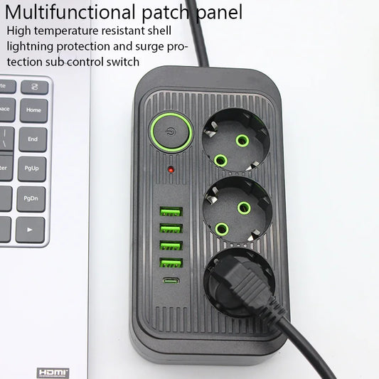 EU Plug Power Strip 2M Extension Cable Multiprise 3AC Outlets Electrical Socket with 4 USB 1 Type C Network Filter Fast Charging