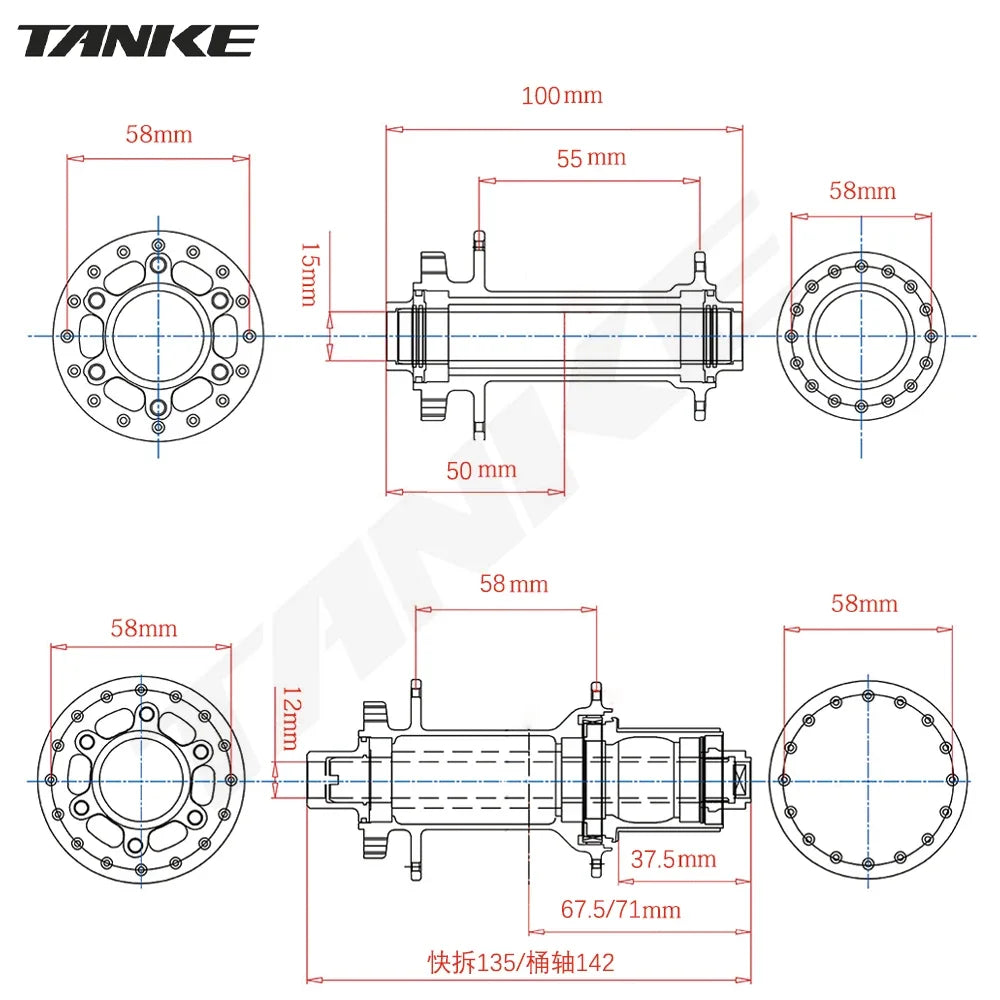 TANKE 120 Click Hub 6 Bearing MTB Mountain Bike Hub Front Rear 28 32 36 Holes QR Thru-axle Exchange Disc Brake Bicycle Hubs HG