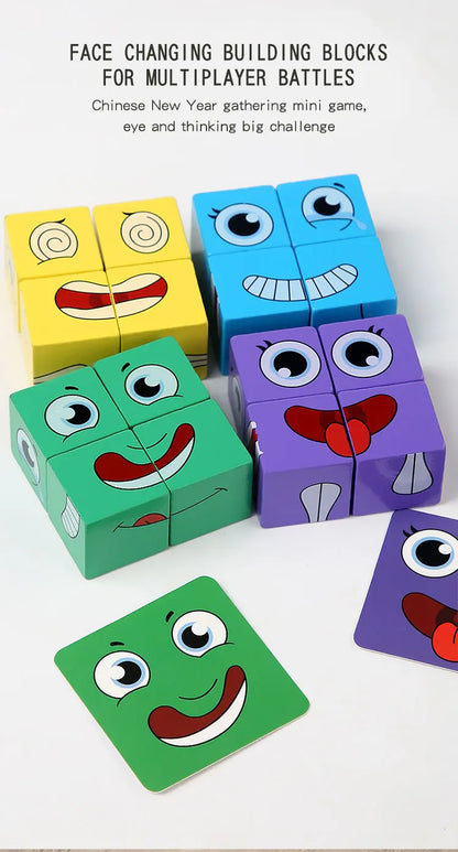 Kids Emotions Expression Game Wooden Cube Face Changing Board Cartoon Puzzle Toy Montessori Thinking Challenge Games