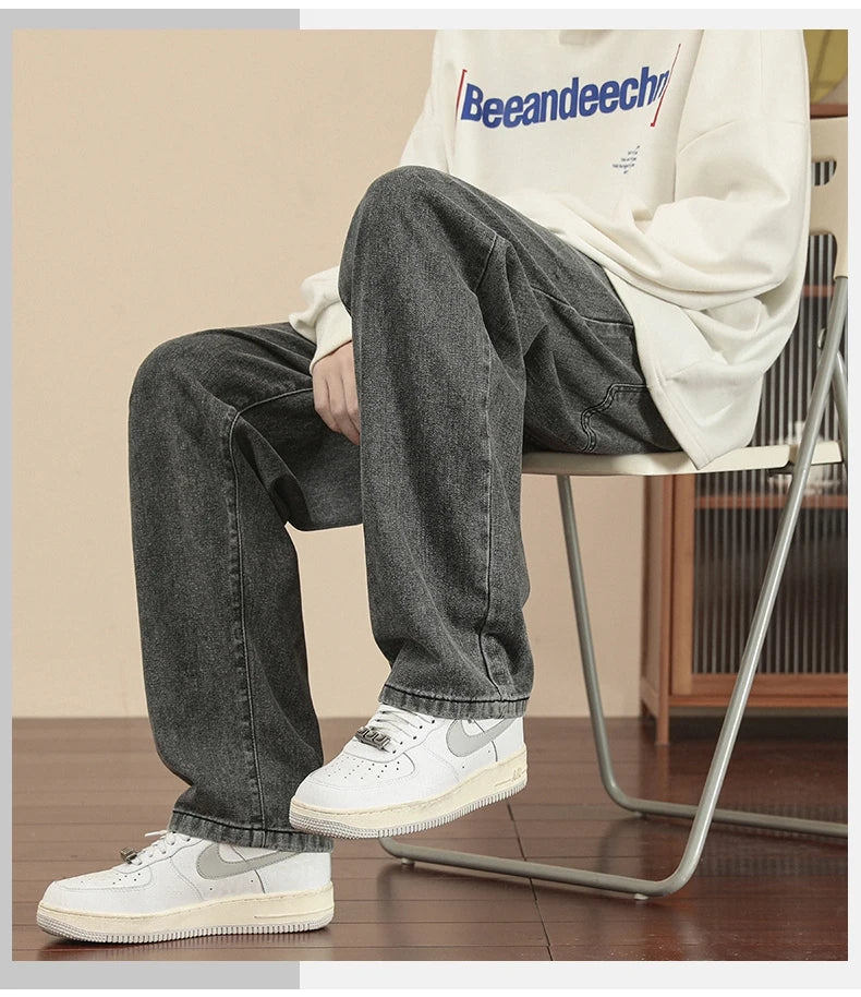 2023 New Korean Fashion Men's Casual Ankle-Length Jeans Classic Man Straight Denim Wide-leg Pants Light Blue Grey Black 3XL