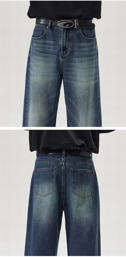 Vintage Distressed Men's Baggy Straight Jeans Spring Autumn Korean High Street Moustache Effect Denim Pants Streetwear Trousers