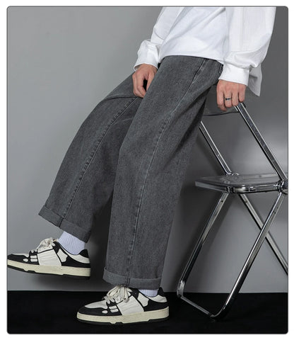 2025 New Korean Men's Casual Long Jeans Classic Man Straight Denim Wide-leg Pants Solid Color Light Blue Grey Black