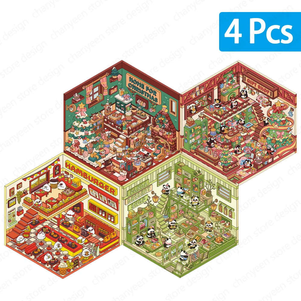 Christmas Theme DIY 3D Sticker Cartoon Pocket Cabin Scene Stacking and Pasting Festival Birthday Gift for Kid Child Student