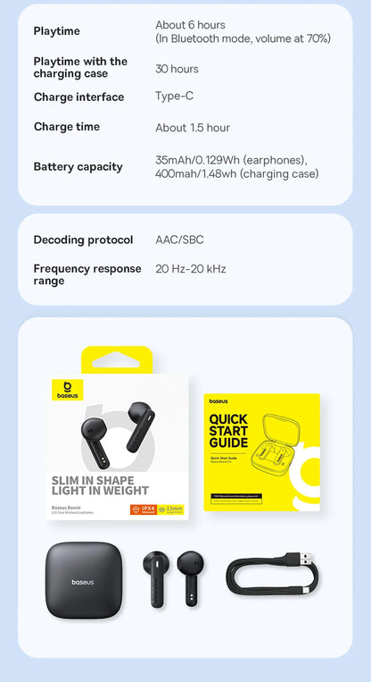 Baseus Bowie E16 Wireless Earphones Bluetooth 5.3 TWS Earbuds IPX4 Waterproof Earphone 30H Playtime 13mm Driver HIFI Headphones