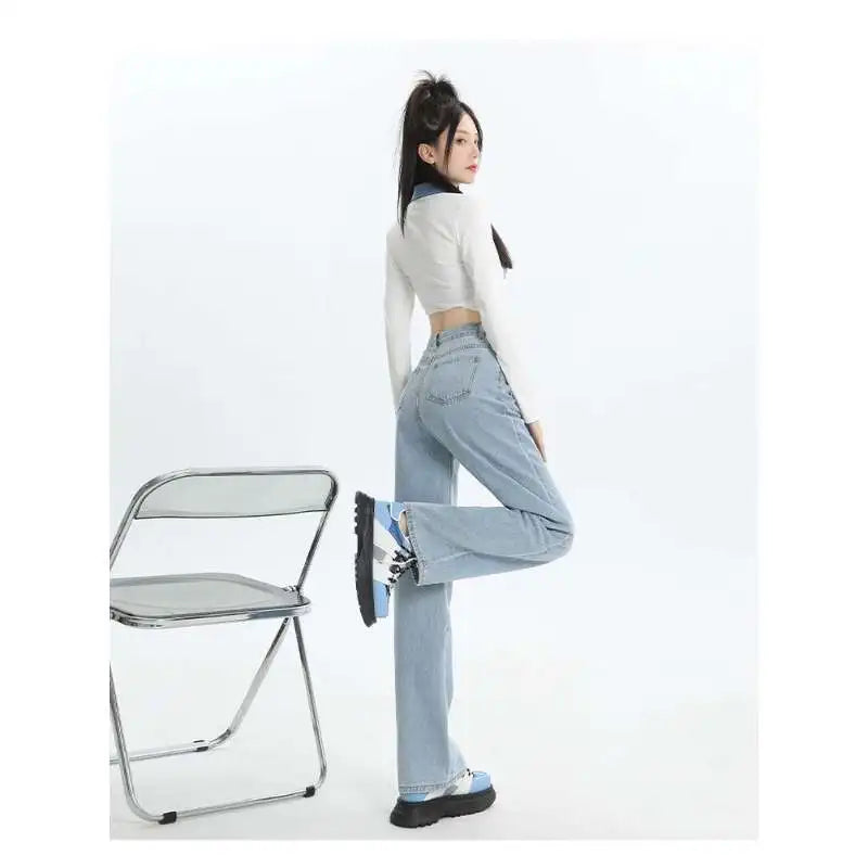 Woman Vintage Wide Leg Jeans Girls High Waist Pants Female Fashion Black Black Grey Retro Blue Light Blue Pink Denim Trousers