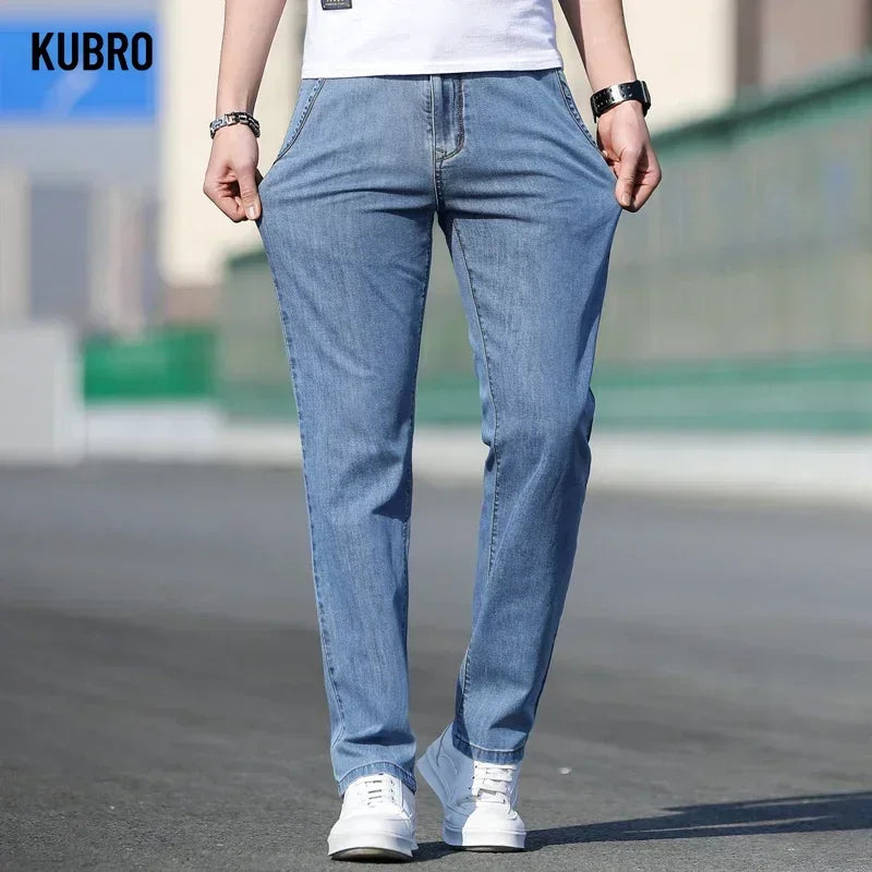 KUBRO 2024 Summer New Men's Loose Stretch Gray Jeans Fashion Casual Stretch Straight-leg Denim Pants Male Light Blue Brand
