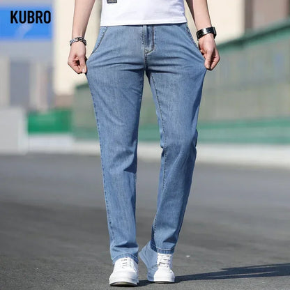 KUBRO 2024 Summer New Men's Loose Stretch Gray Jeans Fashion Casual Stretch Straight-leg Denim Pants Male Light Blue Brand