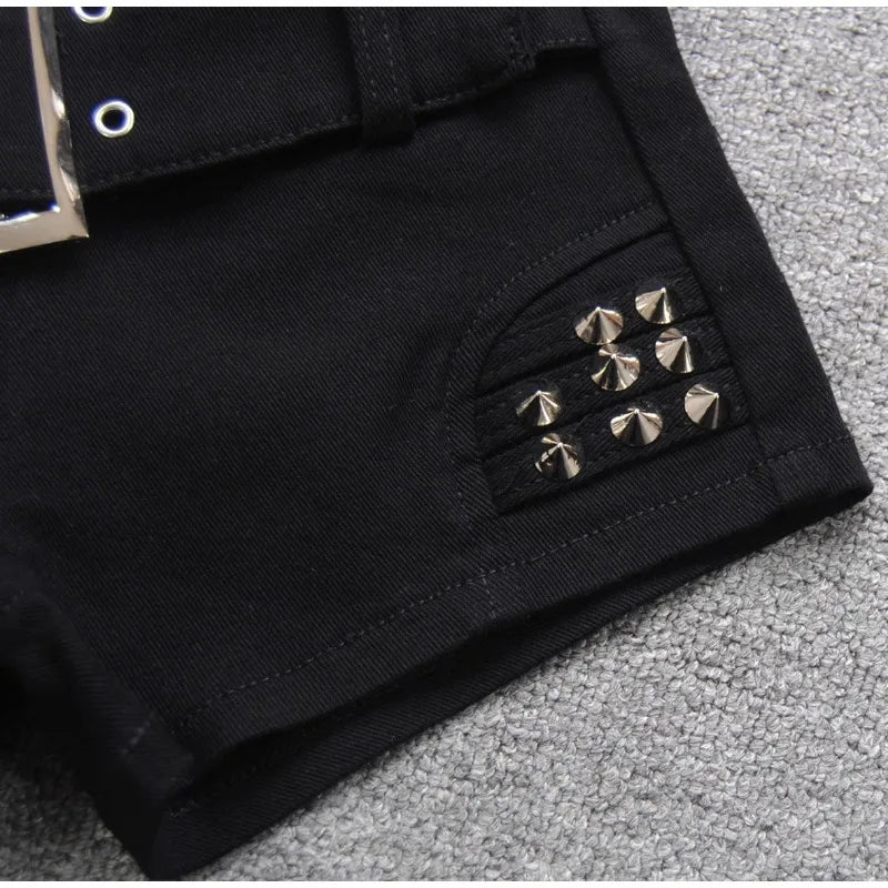 Denim Shorts Women Low-waisted Black Slim Fit Sexy Hot Girls Rivet Belt Design Unique All-match Nightclub Bodycon Summer Y2k