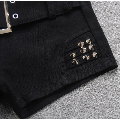 Denim Shorts Women Low-waisted Black Slim Fit Sexy Hot Girls Rivet Belt Design Unique All-match Nightclub Bodycon Summer Y2k