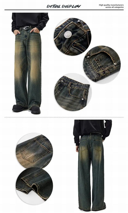 Vintage Distressed Men's Baggy Straight Jeans Spring Autumn Korean High Street Moustache Effect Denim Pants Streetwear Trousers