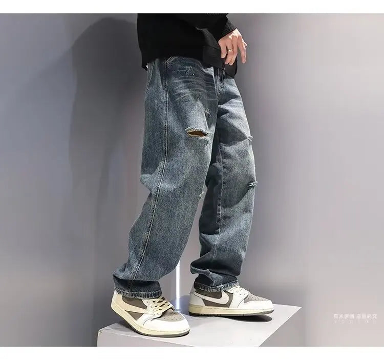 New Men's Ripped Jeans Baggy Straight Fashion Vintage Blue Denim Pants Personality Streetwear Hip Hop High Quality Male Trousers