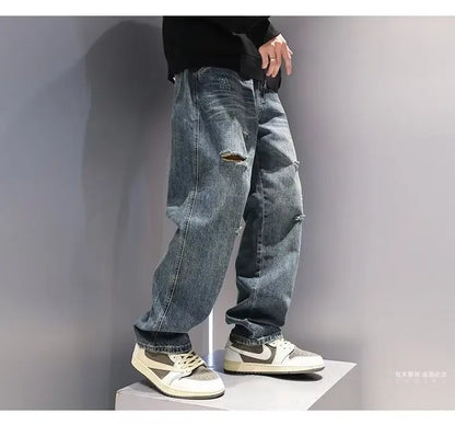 New Men's Ripped Jeans Baggy Straight Fashion Vintage Blue Denim Pants Personality Streetwear Hip Hop High Quality Male Trousers