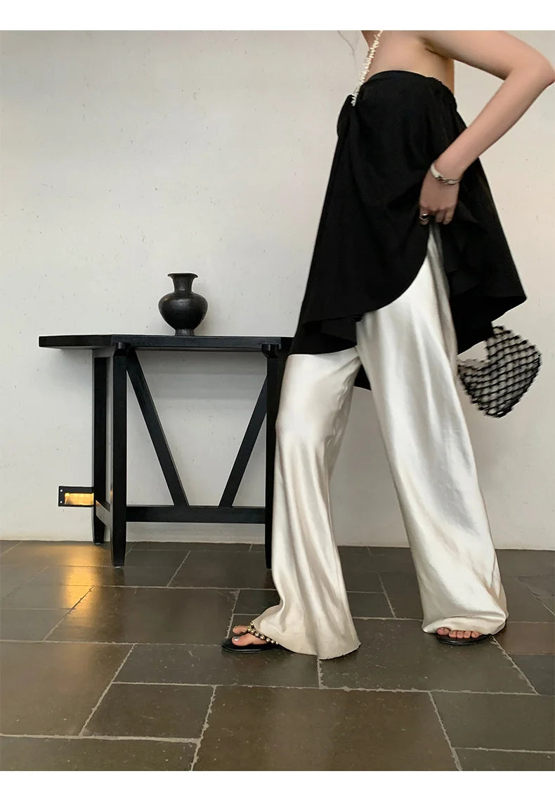 Satin Wide Leg Pants Long Floor Casual Pants Women's Summer