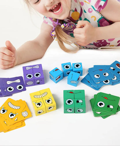 Kids Emotions Expression Game Wooden Cube Face Changing Board Cartoon Puzzle Toy Montessori Thinking Challenge Games