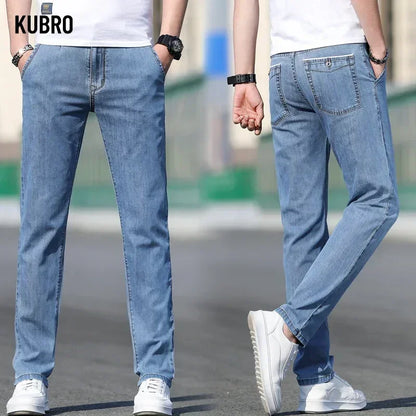 KUBRO 2024 Summer New Men's Loose Stretch Gray Jeans Fashion Casual Stretch Straight-leg Denim Pants Male Light Blue Brand