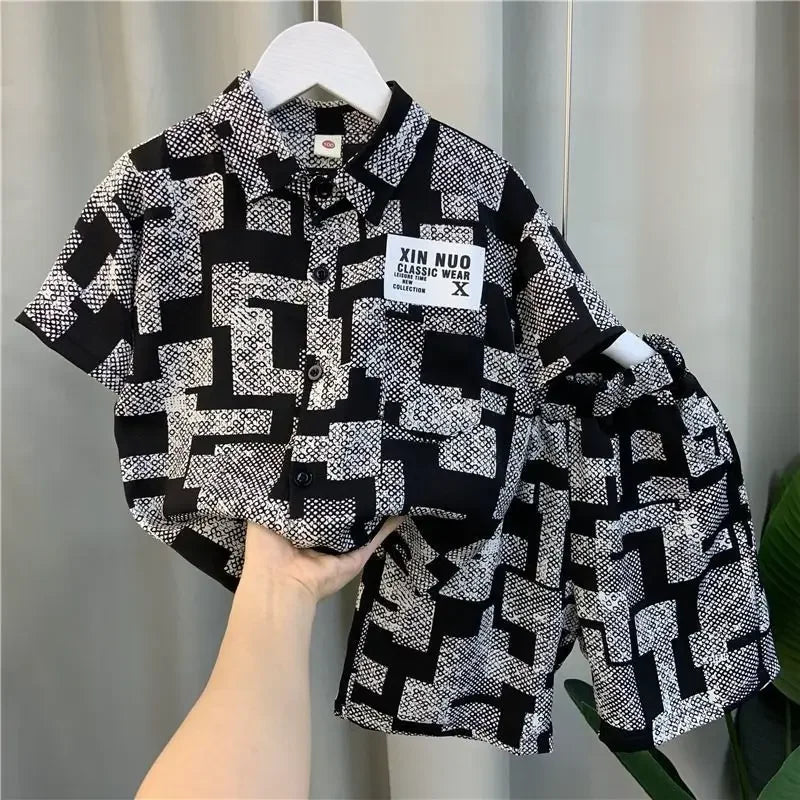 Kids Clothes Children's Set Suit Ice Silk Shirt Short-sleeved Polo Top+shorts 2-piece Set Street Style Outer Wear Casual Simple