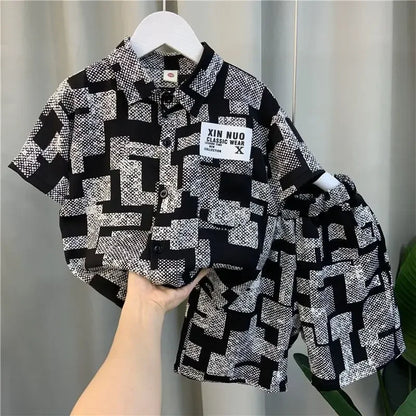 Kids Clothes Children's Set Suit Ice Silk Shirt Short-sleeved Polo Top+shorts 2-piece Set Street Style Outer Wear Casual Simple