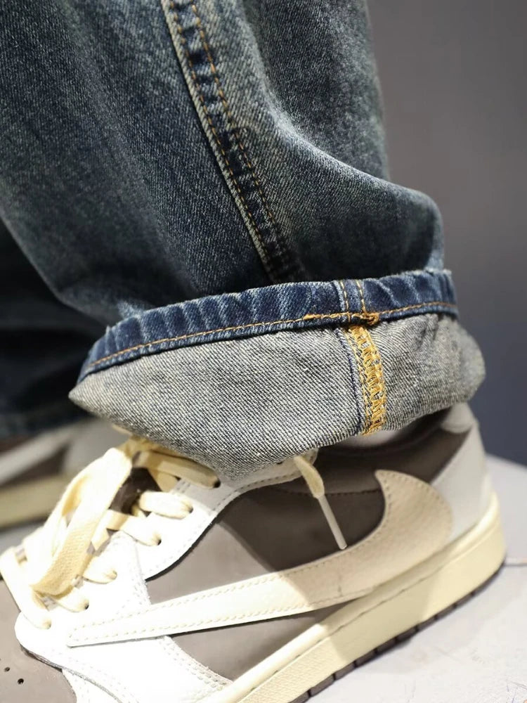 New Men's Ripped Jeans Baggy Straight Fashion Vintage Blue Denim Pants Personality Streetwear Hip Hop High Quality Male Trousers