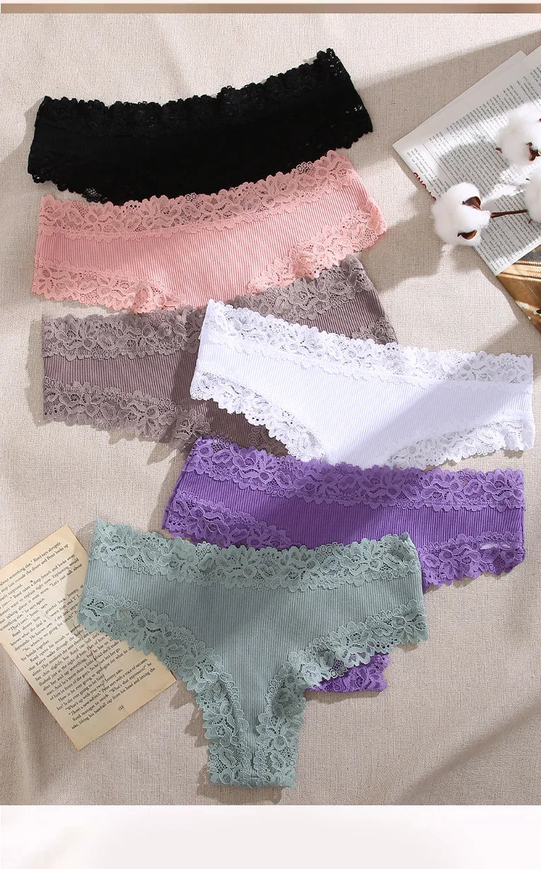 3/5PCS Lace Seamless Cotton Panties Ribbed Brazilian Pants Low Waist Women Panties Breathable Girls Underwear Plus Size Lingerie