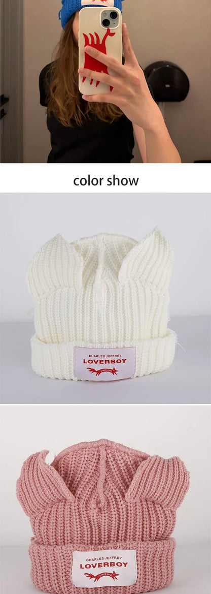 Winter Skullies Hat Unisex Cat Ear Hat Warm Crochet Knitted Hat Costume Beanie Hat Women Christmas Gift Hip-hop Cap Cold Hat