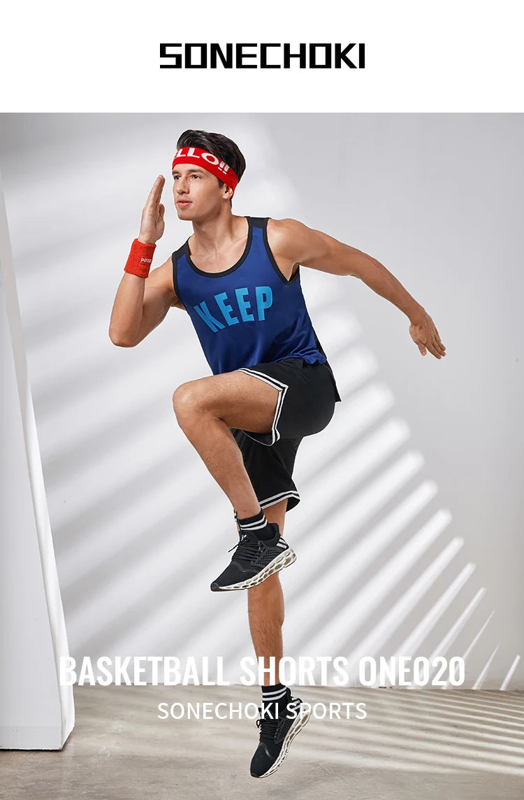 SONECHOKI Knee Length Basketball Shorts Men Striped Loose Running Sport Gym Mesh Breathable Fitness Training Workout Bottom Male