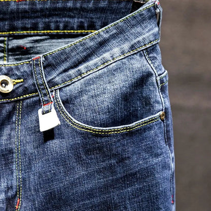 American Elastic Straight Jeans Men Ripped Worn-out Slim-fit Cotton Denim Pants Korean Style Fashion Blue Black Men's Clothing