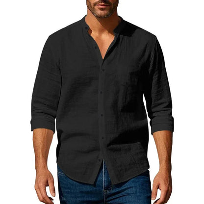 Cotton Linen Shirt for Men Henley Neck Solid Color Lightweight Breathable Slim Fit Single Breasted Shirt Long Sleeve Button Up