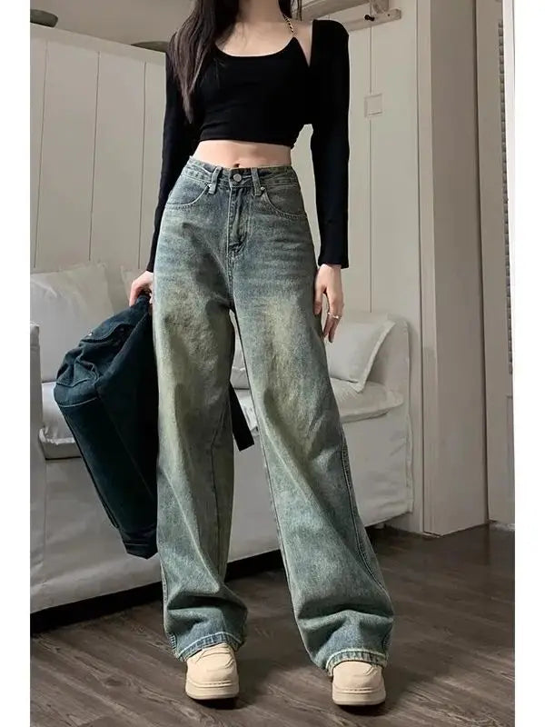 Vintage High-waisted Slimming Jeans American Style Casual Bell Bottoms Versatile Straight-leg Long Pants For Women