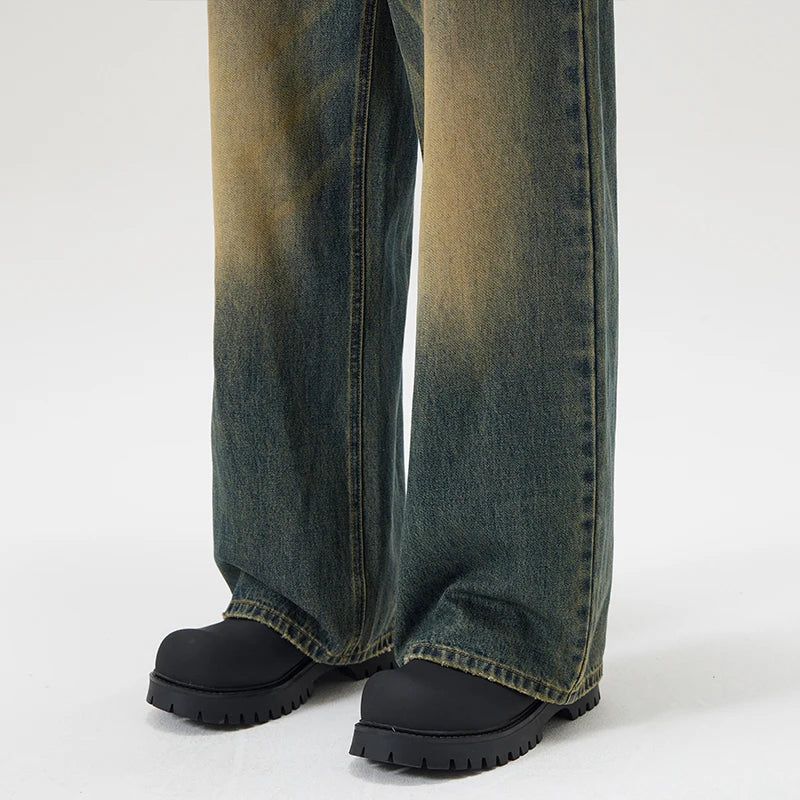 Vintage Distressed Men's Baggy Straight Jeans Spring Autumn Korean High Street Moustache Effect Denim Pants Streetwear Trousers